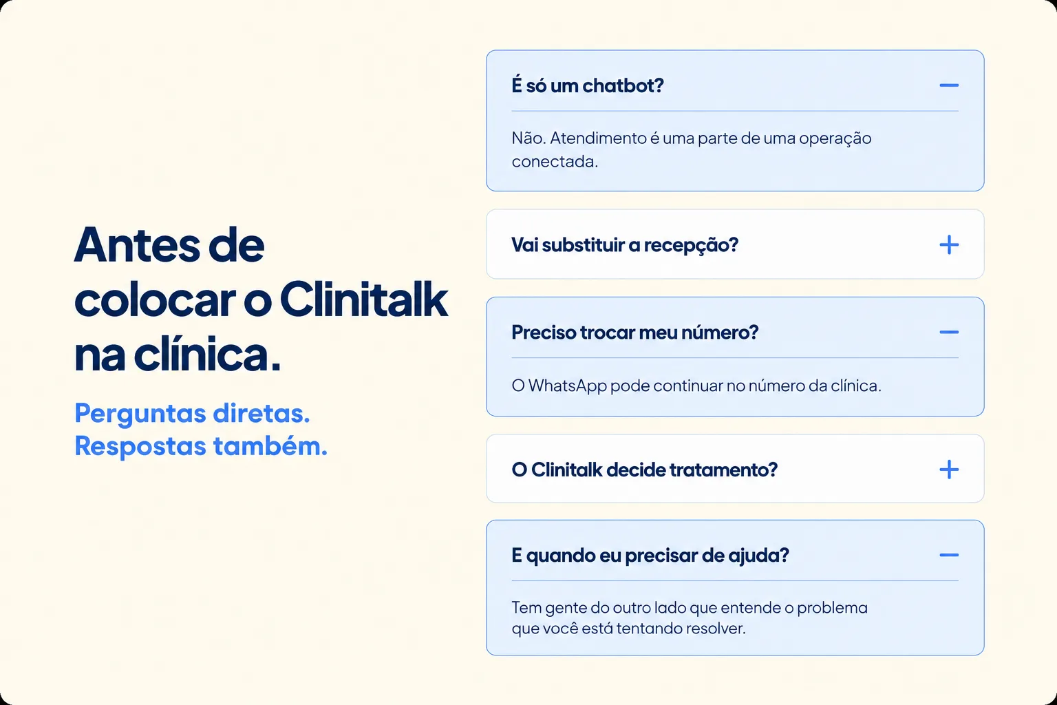 Perguntas diretas sobre colocar o Clinitalk na clínica, com respostas curtas
