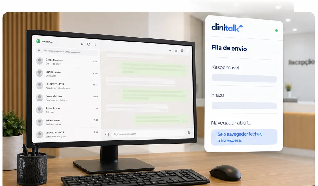 WhatsApp Web da clínica com a fila de envio do Clinitalk ao lado